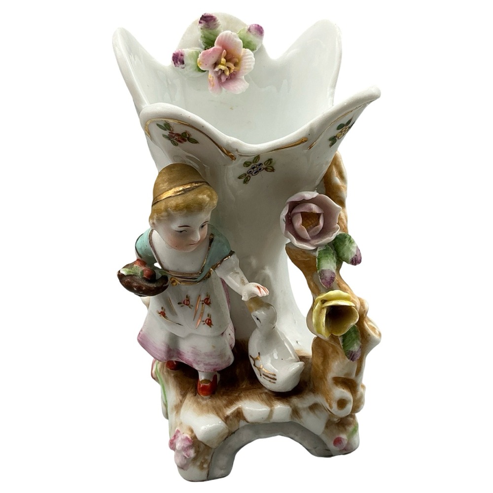 Vintage Ucagco Japan Hand Painted Porcelain Girl with Goose Figural Vase Planter